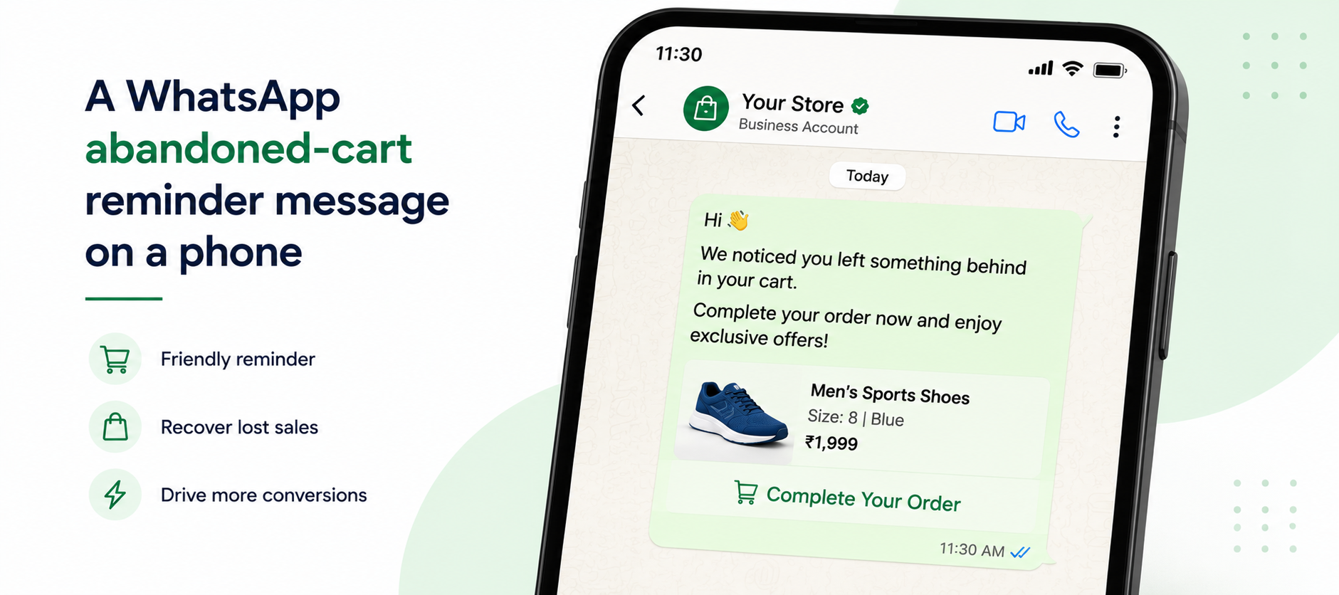 A WhatsApp abandoned-cart reminder message on a phone.png